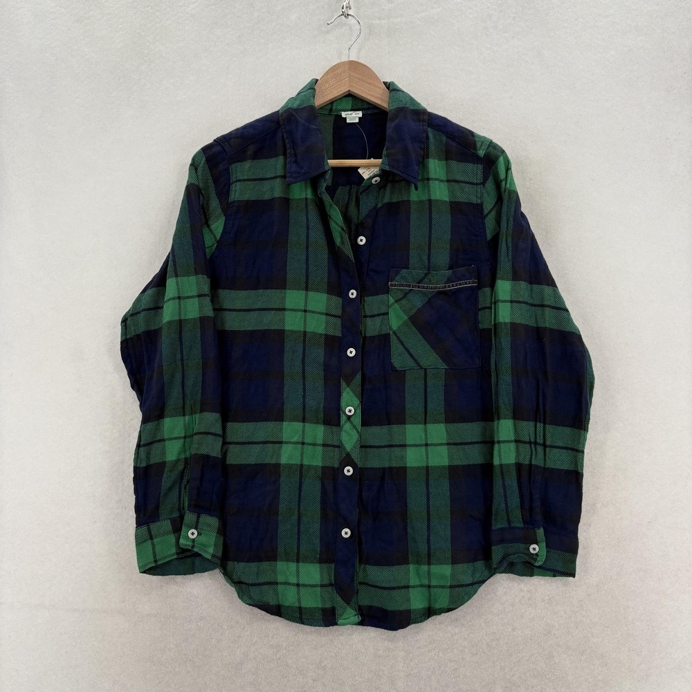 Aerie Boyfriend Flannel Shirt Womens XS Green Plaid Real Soft Long Sleeve Casual